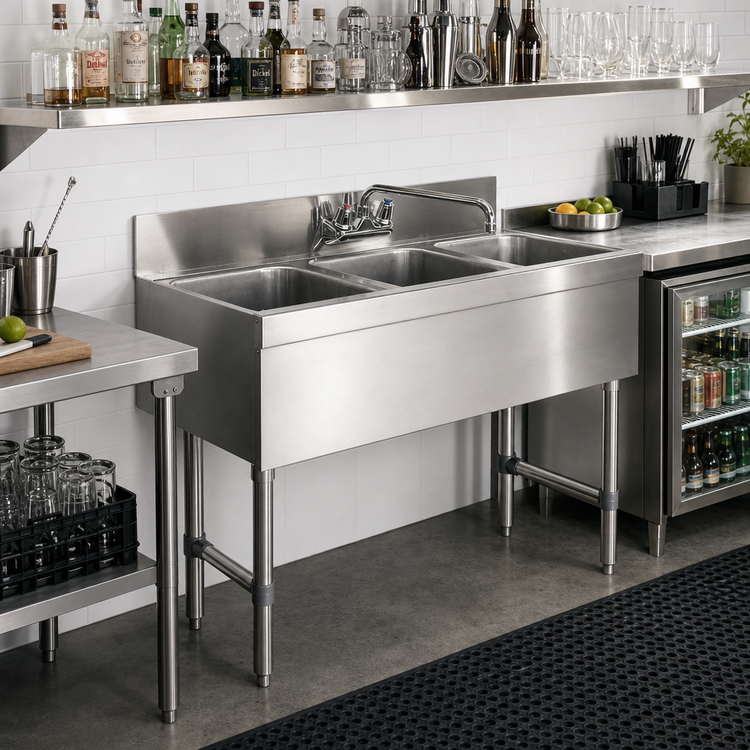 Product image #2 for 3-Compartment Stainless Steel Bar Sink with Splash-Mounted Faucet, No Drainboards, 36 x 18 x 33 Inches