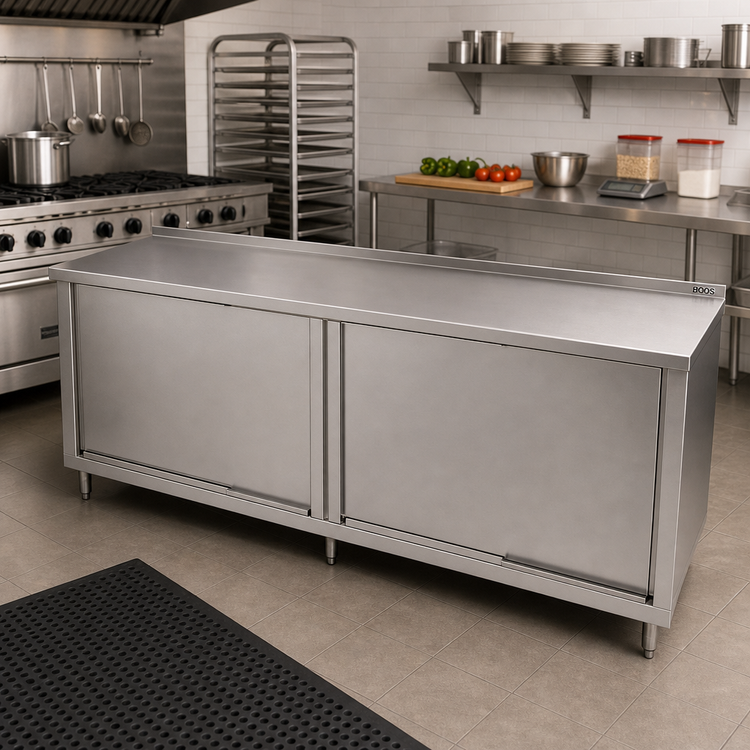 Product image #2 for John Boos Enclosed Work Table with Sliding Doors, 96 x 24 in, 14-Gauge 300 Series Stainless Steel Top, 1-1/2 in Rear Riser