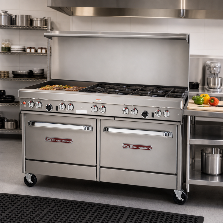 Product image #2 for Southbend Ultimate 60-Inch Gas Restaurant Range with 4 Open Burners, 36-Inch Griddle, and 2 Convection Ovens