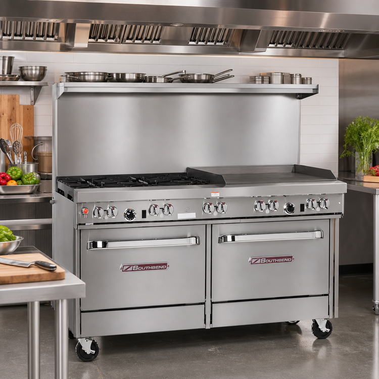 Product image #2 for Southbend Ultimate 60-Inch Gas Restaurant Range with 4 Open Burners, 36-Inch Griddle, and 2 Convection Ovens