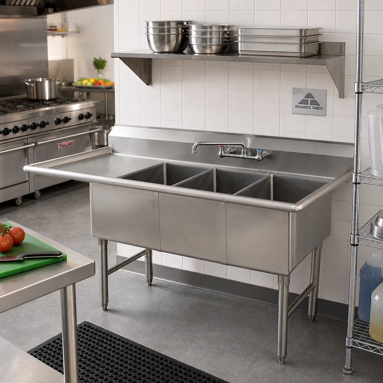 Product image #2 for Advance Tabco 3-Compartment Fabricated Sink with Left Drainboard, 18 x 24 x 14-Inch Bowls, 16-Gauge 304 Stainless Steel
