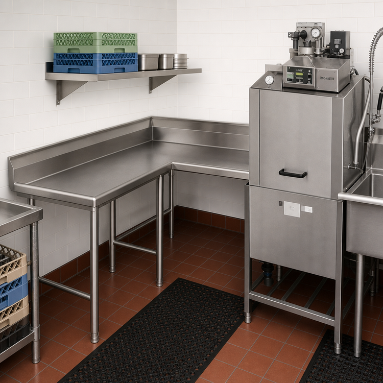 Product image #2 for Eagle Group Spec-Master Corner Clean Dishtable, 60-Inch Machine-to-Corner x 60-Inch Corner-to-End, Right-to-Left, 14/304 Stainless Steel