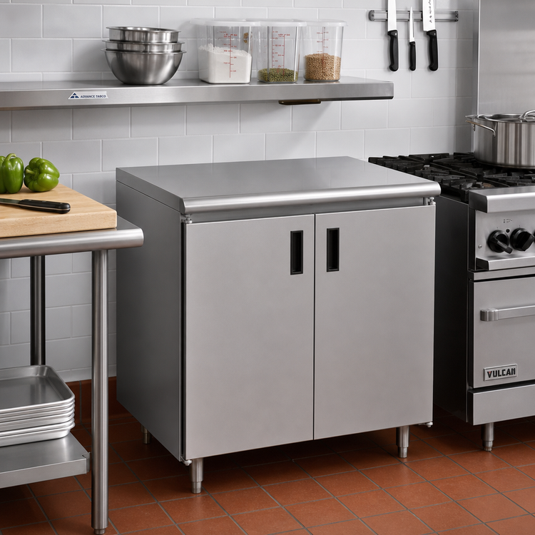 Product image #2 for Advance Tabco Special Value Series Enclosed Stainless Steel Work Table with Cabinet Base and Hinged Doors, 36 x 24 Inches