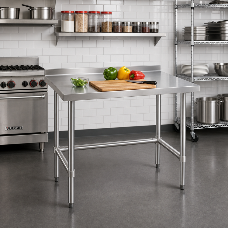 Product image #2 for Steel Works Stainless Open Base Stainless Steel Work Table, 48"W x 24"D x 34"H, 2" Rear Upturn