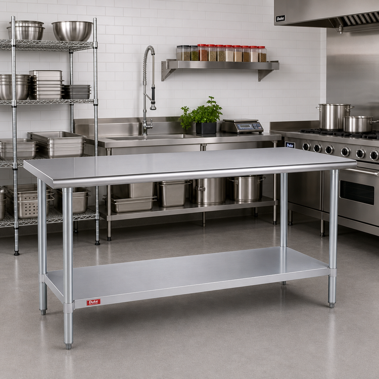 Product image #2 for Duke Manufacturing 84 x 30-Inch Stainless Steel Work Table with Galvanized Undershelf and Posts