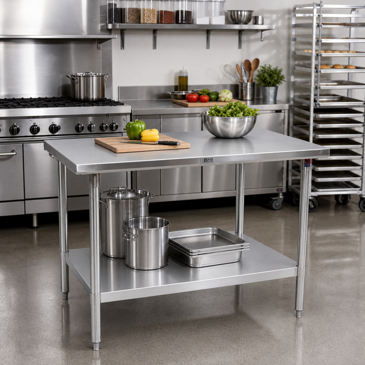 Product image #2 for John Boos Stallion 72 x 24 Inch Stainless Steel Top Work Table with Adjustable Undershelf and Safety Edge