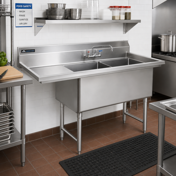 Product image #2 for Advance Tabco 2-Compartment Fabricated Sink with 24-Inch Left Drainboard, 14-Gauge 304 Stainless Steel