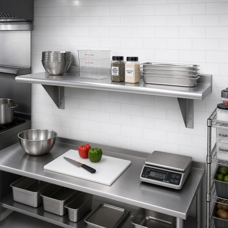 Product image #2 for Advance Tabco WS-12-72 72-Inch x 12-Inch Wall-Mounted 18-Gauge 430 Stainless Steel Shelf with Bullnose Front Edge