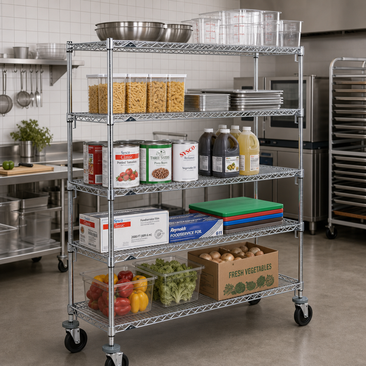 Product image #2 for Metro Super Adjustable Super Erecta Wire Shelving Stem Caster Cart, 5 Shelves, 60 x 21 Inches, Chrome, 600 lb. Capacity