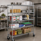Thumbnail image #2 for Metro Super Erecta 5A466BC Adjustable Wire Shelving Cart, 5 Shelves, 60 x 21 x 67-7/8 in, Chrome, Rubber Casters, 2 Brakes
