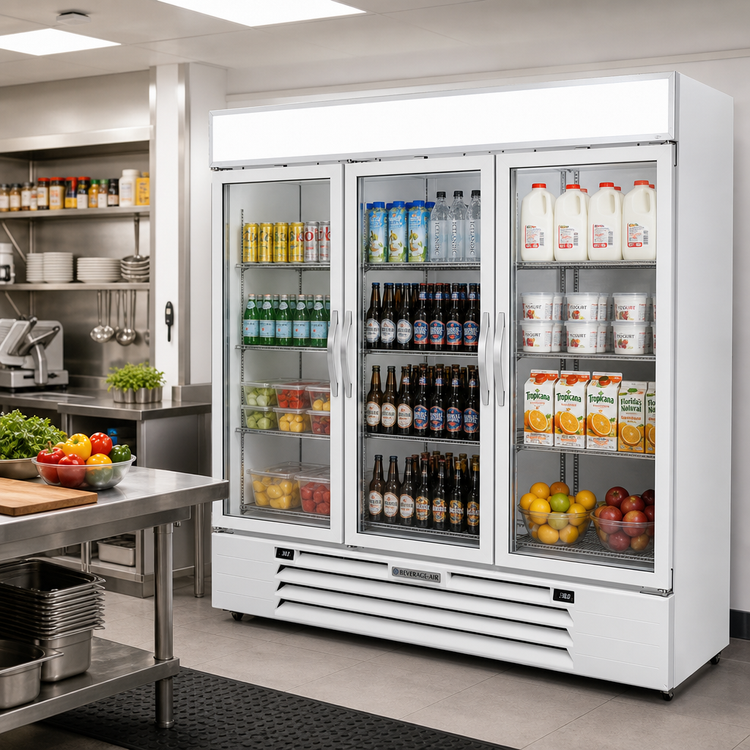 Product image #3 for Beverage Air MarketMax Dual-Temp Glass Door Reach-In Refrigerator/Freezer Merchandiser, 3-Section, White