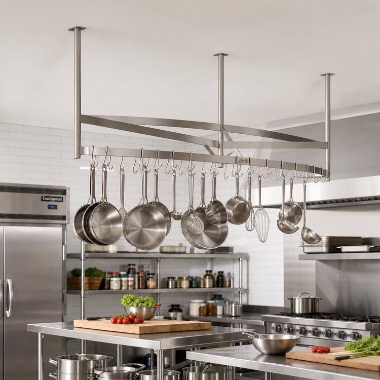 Product image #2 for John Boos Boat-Shaped Ceiling-Mounted Stainless Steel Pot Rack with 24 Double Hooks