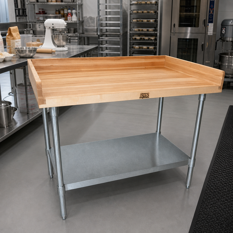 Product image #2 for BK Resources 96-Inch x 30-Inch Hard Maple Bakers Table with 4-Inch Coved Risers and Galvanized Undershelf