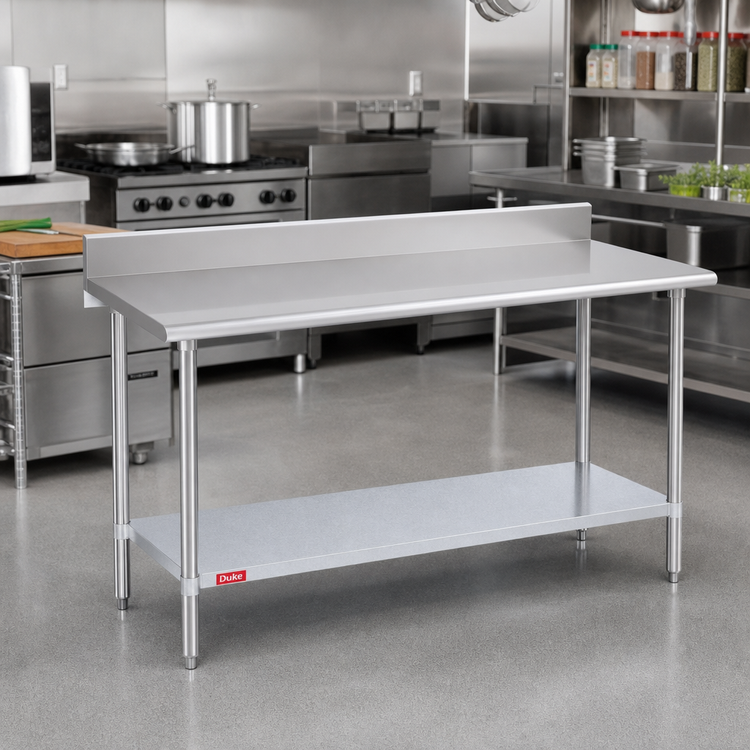 Product image #2 for Duke 84 Inch x 36 Inch 14-Gauge 300 Series Stainless Steel Work Table with 5 Inch Riser and Galvanized Undershelf