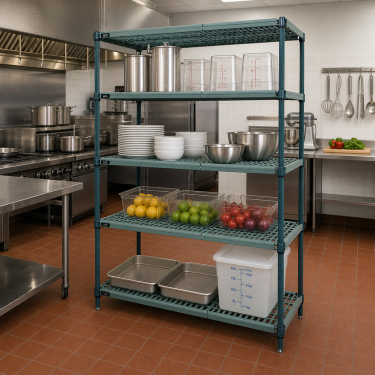 Product image #2 for Quantum 4-Tier Stationary Polymer Shelving Unit with Wire Plastic Mats, 72 x 18 x 63 Inches, Green Epoxy