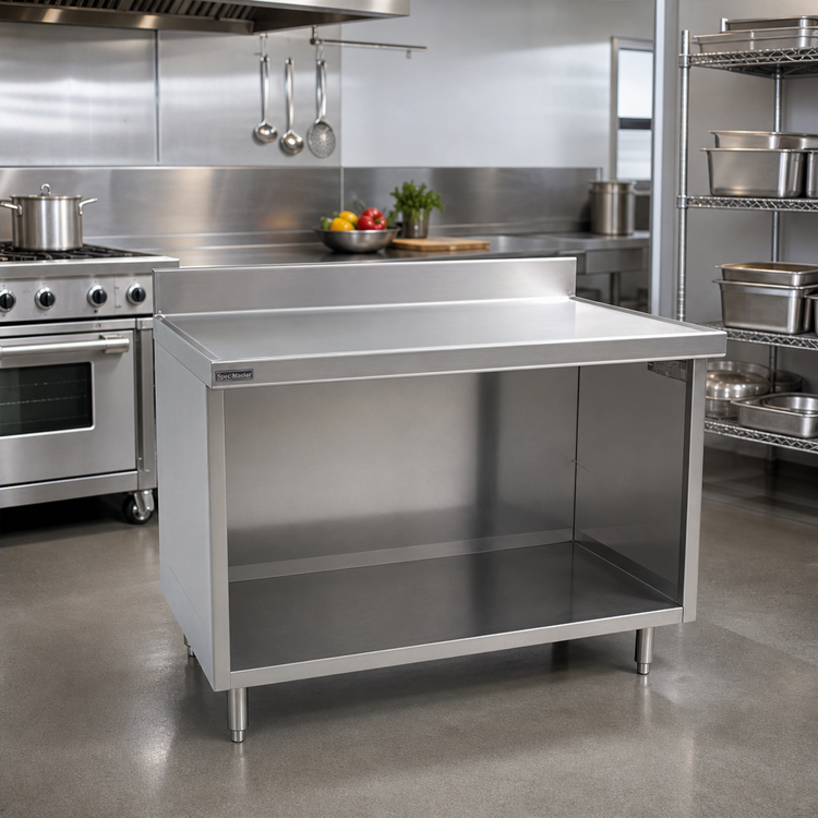 Product image #2 for Spec-Master Marine Series Stainless Steel Work Table with Cabinet Base and Open Front, 60 x 30 Inches, 14-Gauge 304 Stainless Steel Top, 4-1/2-Inch Backsplash