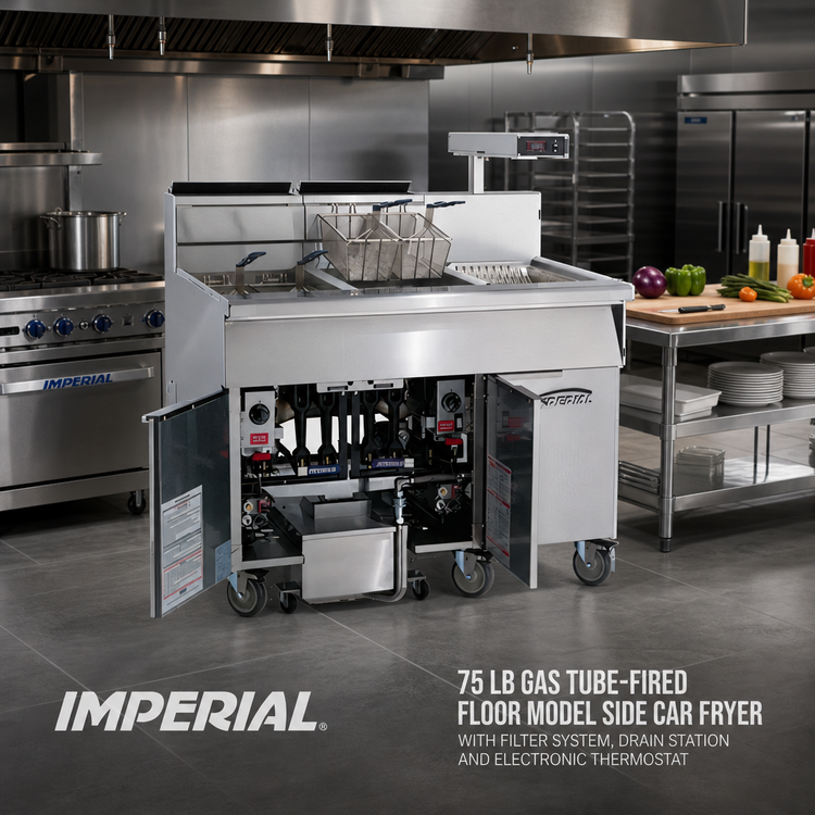 Product image #2 for Imperial 75 lb Gas Tube-Fired Floor Model Side Car Fryer Filter System with Drain Station and Electronic Thermostat