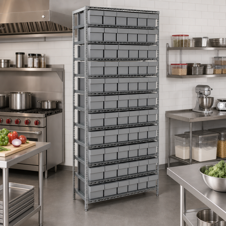 Product image #2 for Quantum Heavy-Duty Stationary Wire Shelving Unit, 36"W x 18"D x 75"H, with 13 Shelves and 72 Bins