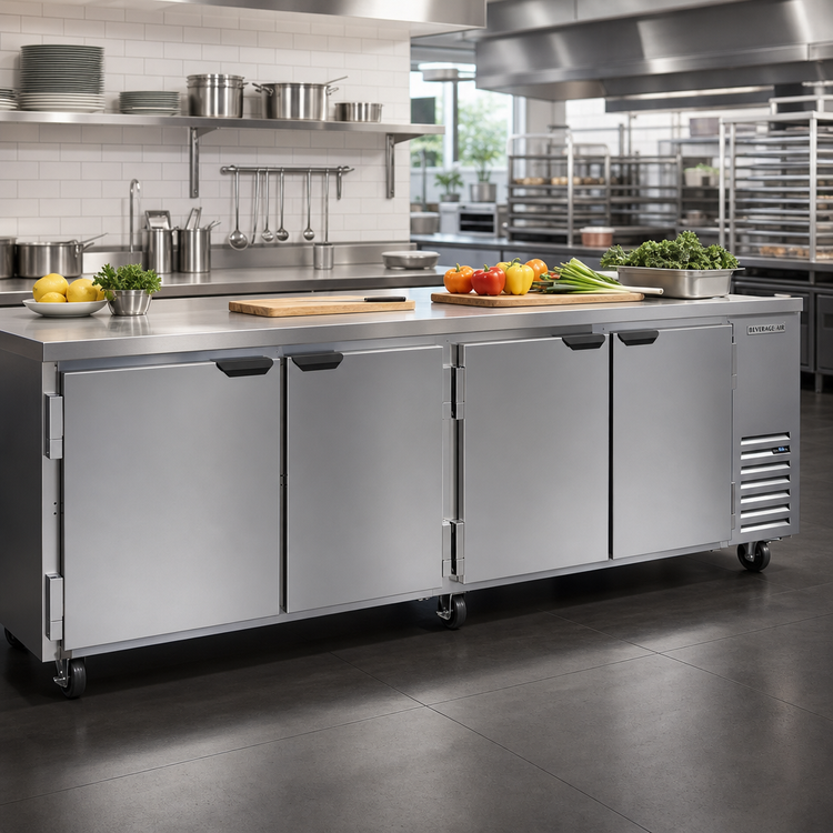Product image #3 for Beverage-Air Four-Section Undercounter Reach-In Refrigerator, Side-Mount Self-Contained, 118 Inch Wide, Solid Doors