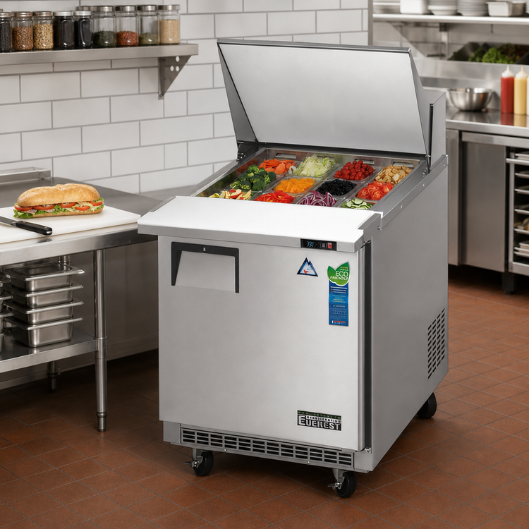 Product image #2 for Everest Refrigeration EPBR1 Mega-Top Sandwich Prep Table, 1 Section, 27-3/4-Inch Wide, Rear-Mounted Self-Contained Refrigeration