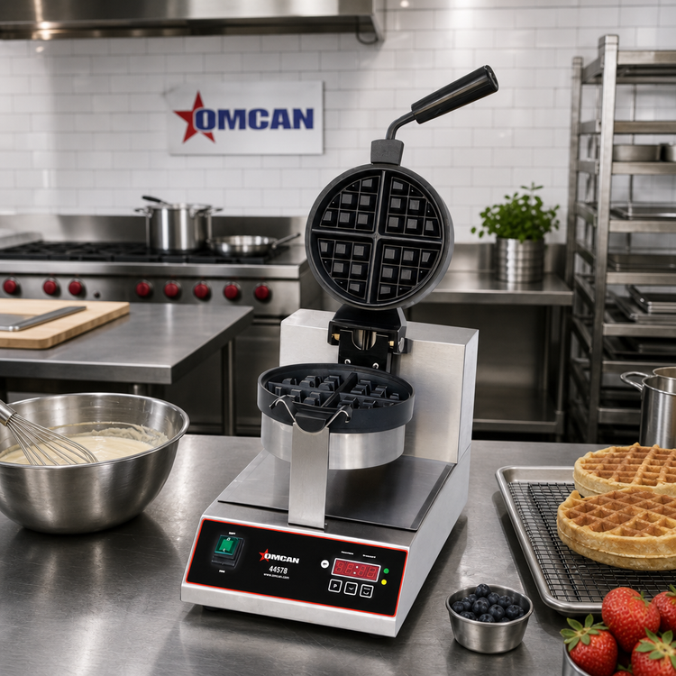 Product image #2 for Omcan Single Belgian Waffle Baker with 7.5-Inch Round Cooking Surface, Digital Controls, 120V