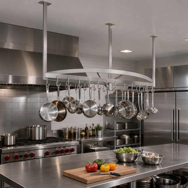 Product image #2 for John Boos PRB05-C Boat-Shaped Ceiling-Mounted Stainless Steel Pot Rack with 30 Double Hooks