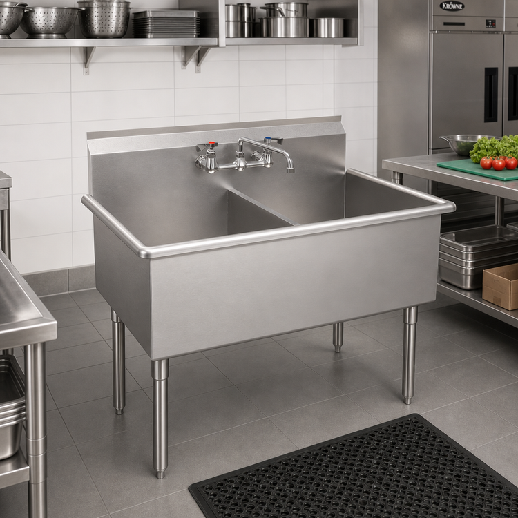 Product image #2 for Krowne Royal Series 2-Compartment Basin Sink with Splash-Mount Faucet and Drain, 39 Inch Wide, 304 Stainless Steel