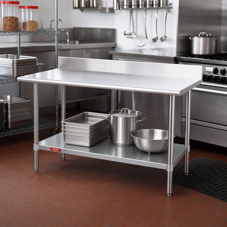 Product image #2 for Duke 48 Inch x 24 Inch 14-Gauge 300 Series Stainless Steel Work Table with 5-Inch Riser and Galvanized Undershelf