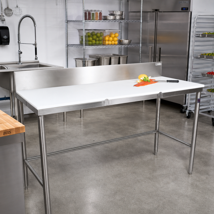 Product image #2 for John Boos 96-Inch x 24-Inch Trimming Table with 3/4-Inch Reversible Poly Top and 6-Inch Removable Backsplash