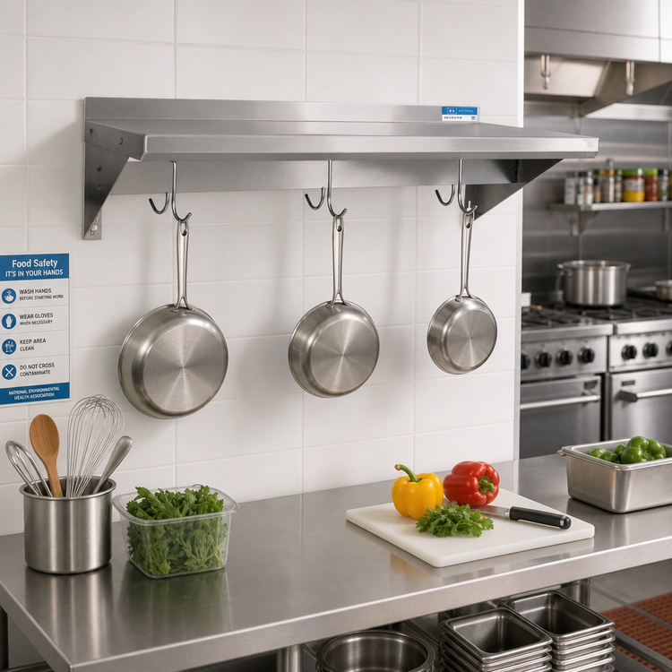 Product image #2 for BK Resources Premium T-304 18-Gauge Stainless Steel Wall-Mounted Pot Rack Shelf, 24-Inch W x 16-Inch D