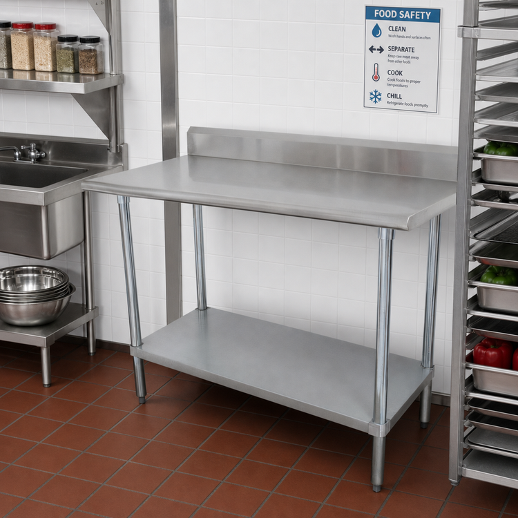 Product image #2 for Advance Tabco Special Value 30" x 30" Stainless Steel Corner Work Table with 5" Backsplash and Adjustable Undershelf