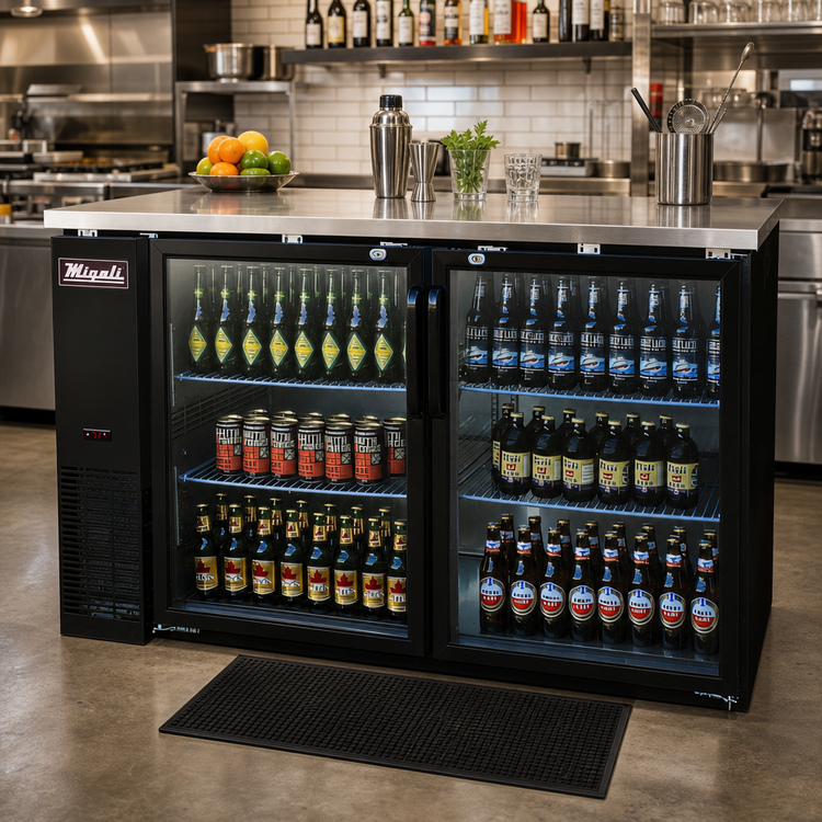 Product image #3 for Migali Competitor Series® Two-Section Glass Door Refrigerated Back Bar Cabinet, 60.8 Inch, 15.8 Cu. Ft., Self-Contained, Black and Stainless Steel