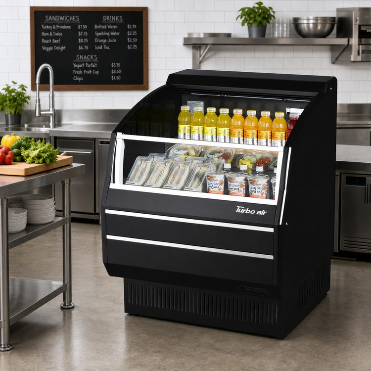 Product image #3 for Turbo Air Slim Profile Open Display Merchandiser with Solid Side Panels, 4.7 Cu. Ft., Black
