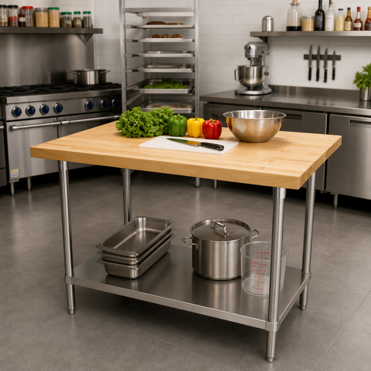 Product image #2 for Advance Tabco Hard Maple Top Work Table with Adjustable Undershelf, 60"W x 36"D, Stainless Steel Base