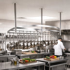 Thumbnail image #2 for John Boos PRB07-C Boat-Shaped Ceiling-Mounted Triple-Bar Stainless Steel Pot Rack with 36 Double Hooks