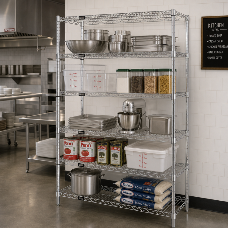 Product image #2 for Quantum Stationary Chrome-Plated Wire Shelving Starter Kit, 60 x 36 x 54 Inches, 5 Shelves