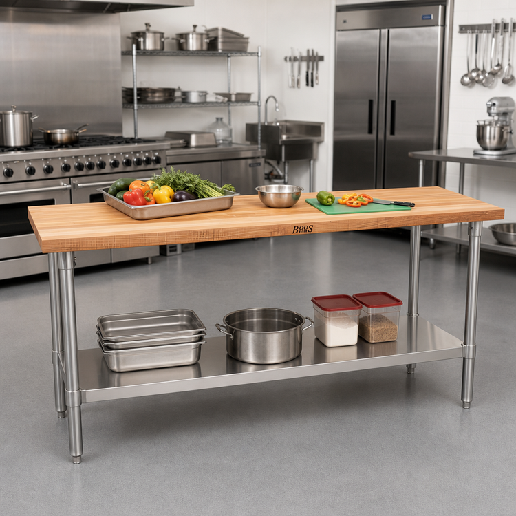Product image #2 for John Boos 84-Inch x 18-Inch Wood Top Work Table with Stainless Steel Legs and Adjustable Undershelf