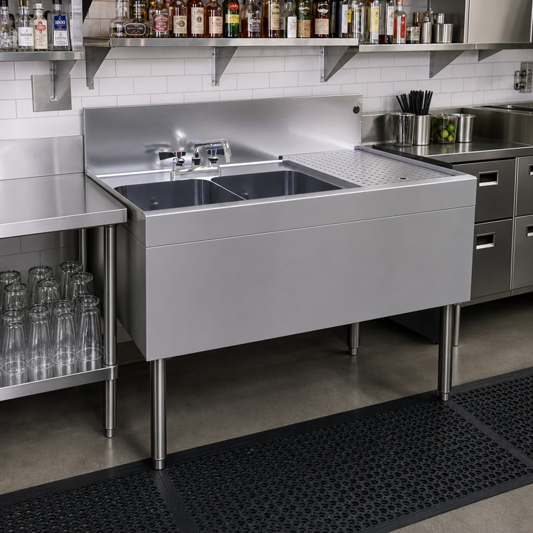 Product image #2 for Glastender Two-Compartment Underbar Sink Unit with Right Drainboard and Deck-Mount Faucet, 36 Inch Wide