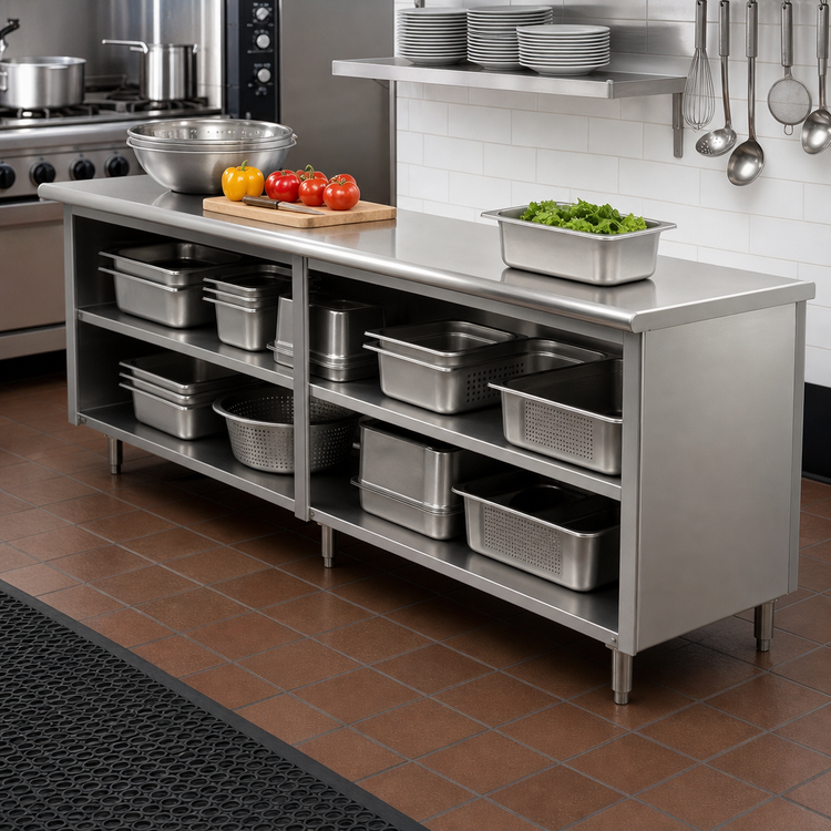 Product image #2 for Advance Tabco Special Value Economy Flat Top Open Base Work Table with Mid Shelf, 84W x 24D, 16 Gauge 304 Stainless Steel Top