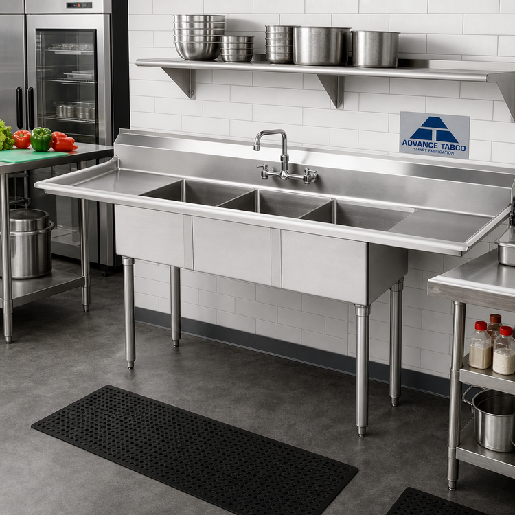 Product image #2 for Advance Tabco Special Value Series 3-Compartment Fabricated Sink with Left and Right Drainboards, 18" x 24" x 14" Bowls