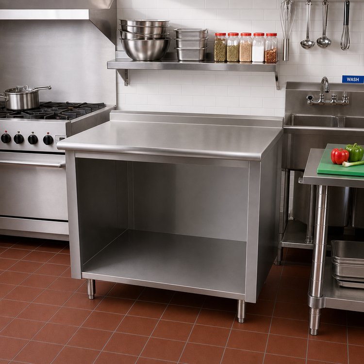Product image #2 for Advance Tabco 72 Inch x 24 Inch Stainless Steel Work Table with Open Front Cabinet Base and 1-1/2 Inch Rear Up-Turn