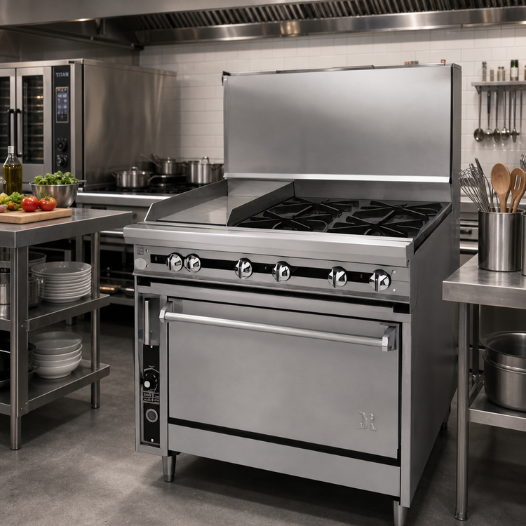 Product image #2 for Titan JTRH-12G-2HT-36C 36" Heavy Duty Gas Range with Hot Tops, Griddle, and Convection Oven