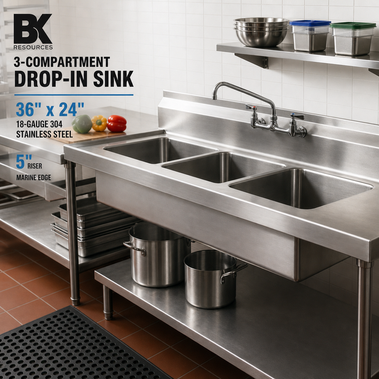 Product image #2 for BK Resources 3-Compartment Drop-In Sink, 36 x 24 Inches, 18-Gauge 304 Stainless Steel, 5-Inch Riser