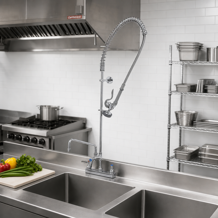 Product image #2 for EasyInstall 8-Inch Adjustable Center Deck Mount Workboard Pre-Rinse Add-On Faucet with 12-Inch Swing Nozzle
