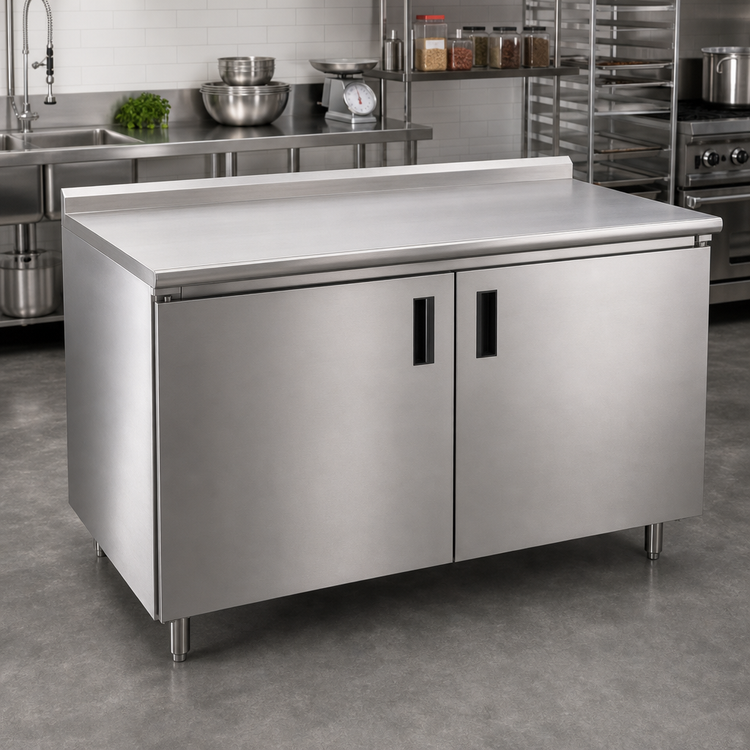 Product image #2 for Advance Tabco 84" x 30" Enclosed Work Table with Cabinet Base and Hinged Doors, 14 Gauge 304 Stainless Steel Top
