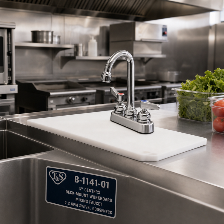 Product image #2 for T&S Brass B-1141-01 4-Inch Center Deck-Mount Workboard Mixing Faucet with 2.2 GPM Swivel Gooseneck