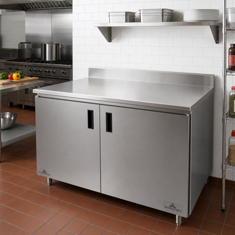 Product image #2 for Advance Tabco Enclosed Work Table with Cabinet Base, 84 x 36 Inch, 14-Gauge 304 Stainless Steel Top, 5-Inch Backsplash