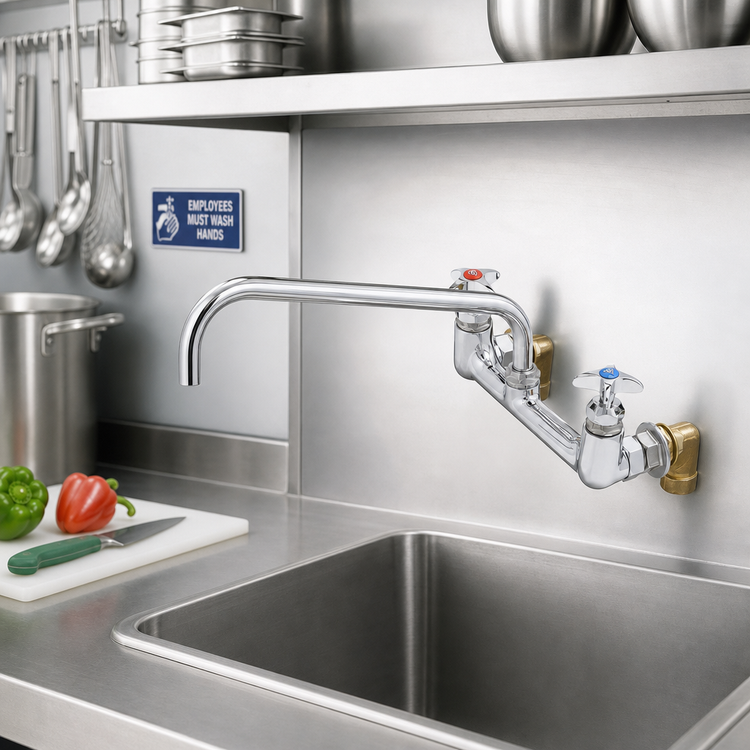 Product image #2 for T&S Brass Big-Flo 8-Inch Wall-Mount Sink Mixing Faucet with 12-Inch Swing Nozzle and Anti-Microbial 4-Arm Handles