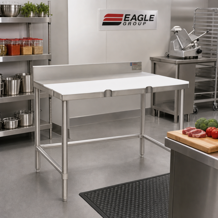 Product image #2 for Eagle Group TB3060S 60 Inch x 30 Inch Poly Top Trimming Table with 4 Inch Backsplash and Open Tubular Stainless Steel Base