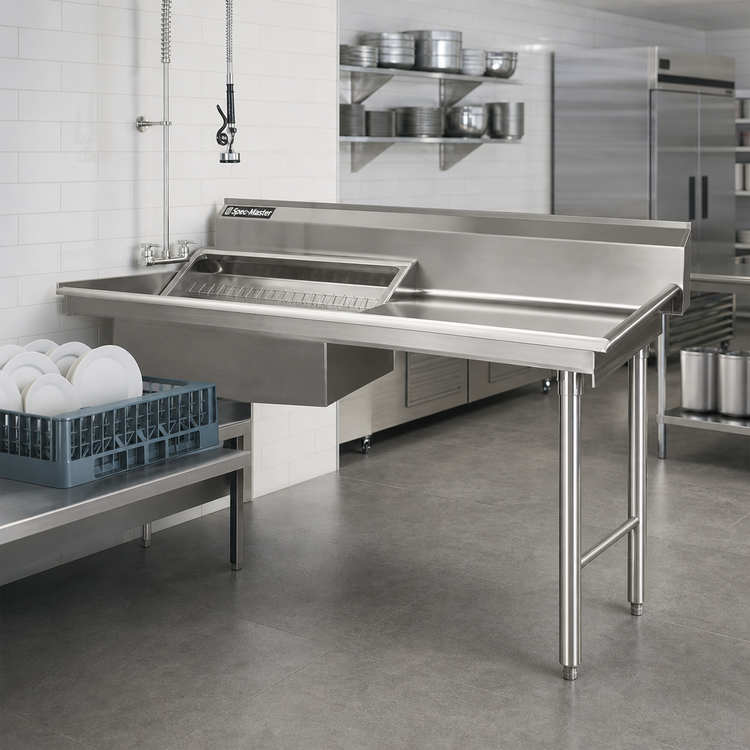 Product image #2 for Eagle Group Spec-Master Straight Soiled Dishtable with 20 x 20 x 5 Inch Pre-Rinse Sink, Right-to-Left, 30 x 30 Inch